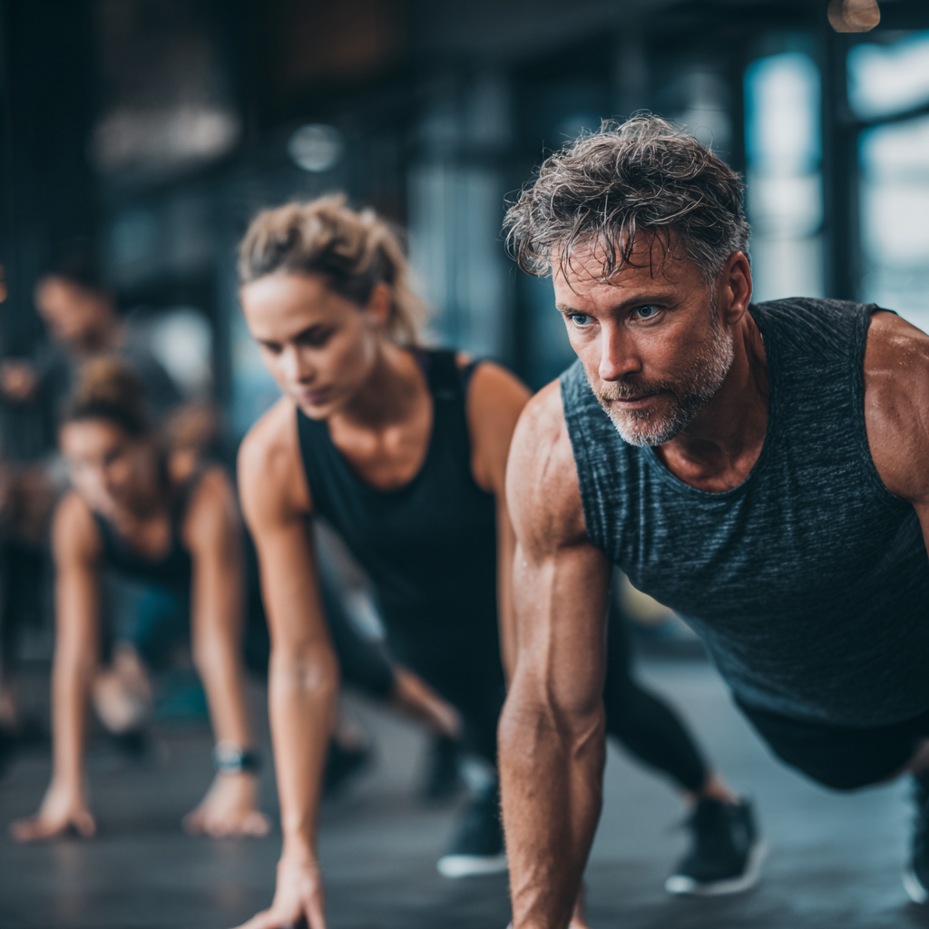 Energetic Hungarian adults exercising together in a modern fitness setting
